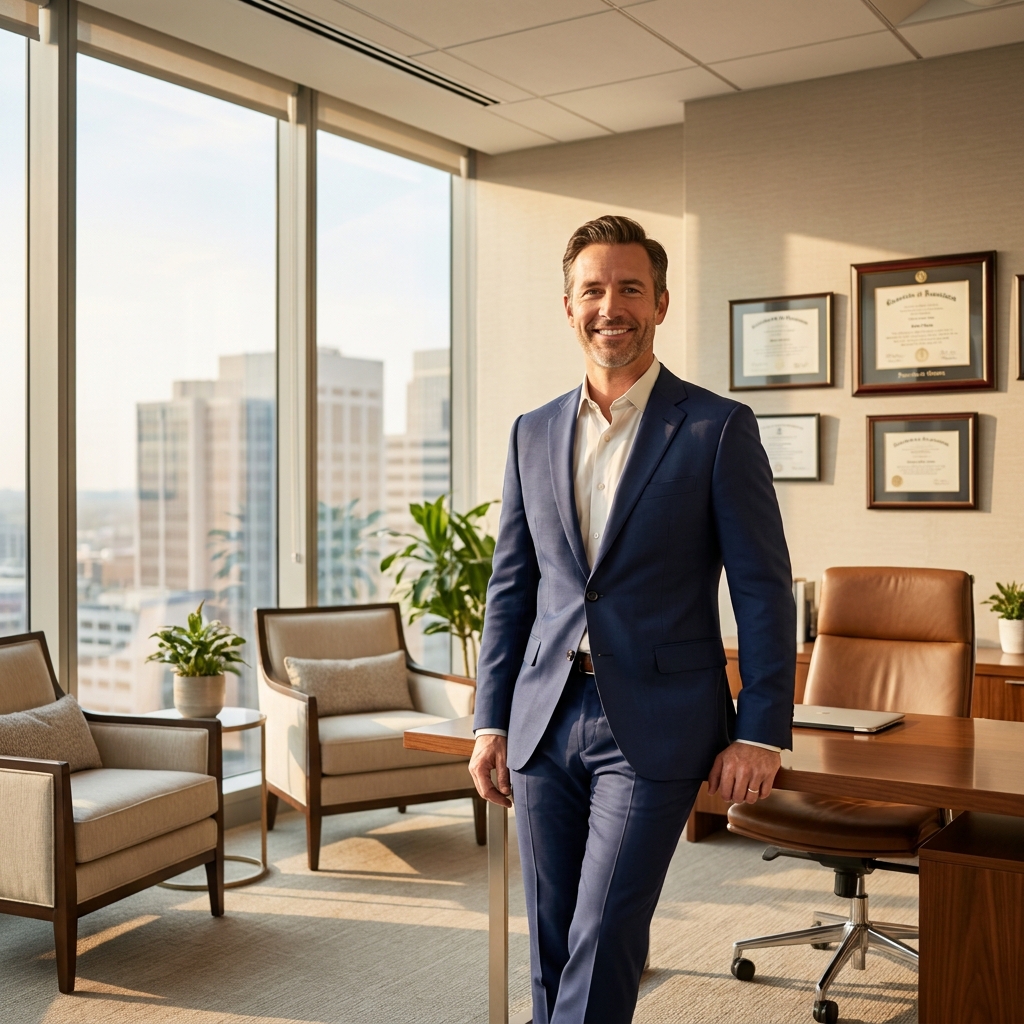 Confident man in modern medical office representing hair transplant board certified surgeon importance and patient outcomes