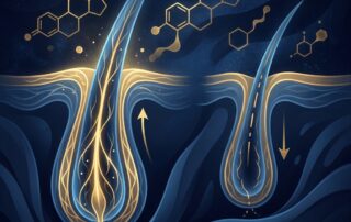 Stylized illustration explaining DHT and hair loss through glowing follicle cross-sections and molecular pathways