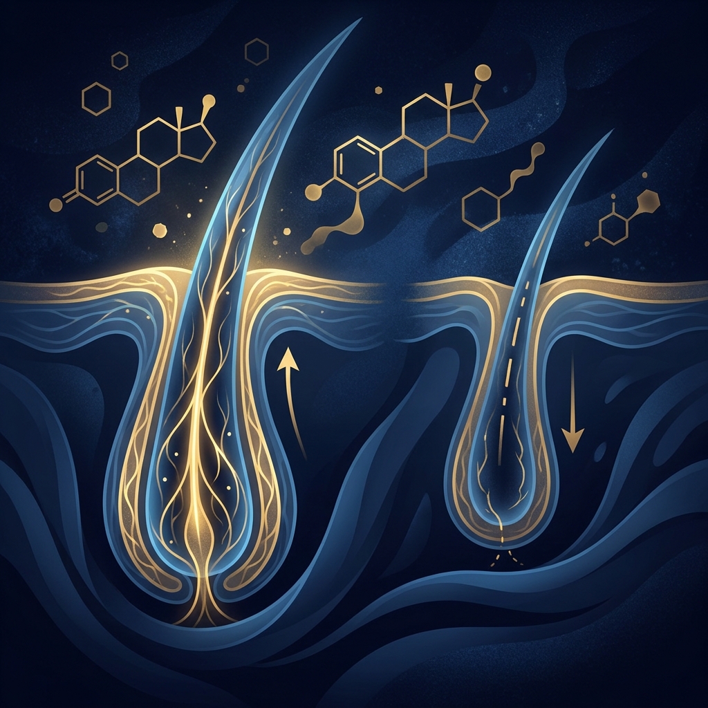 Stylized illustration explaining DHT and hair loss through glowing follicle cross-sections and molecular pathways