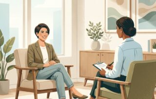 Person in a hair transplant consultation first visit, sitting in a modern, welcoming medical office