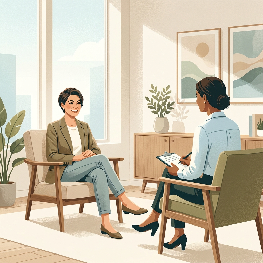 Person in a hair transplant consultation first visit, sitting in a modern, welcoming medical office