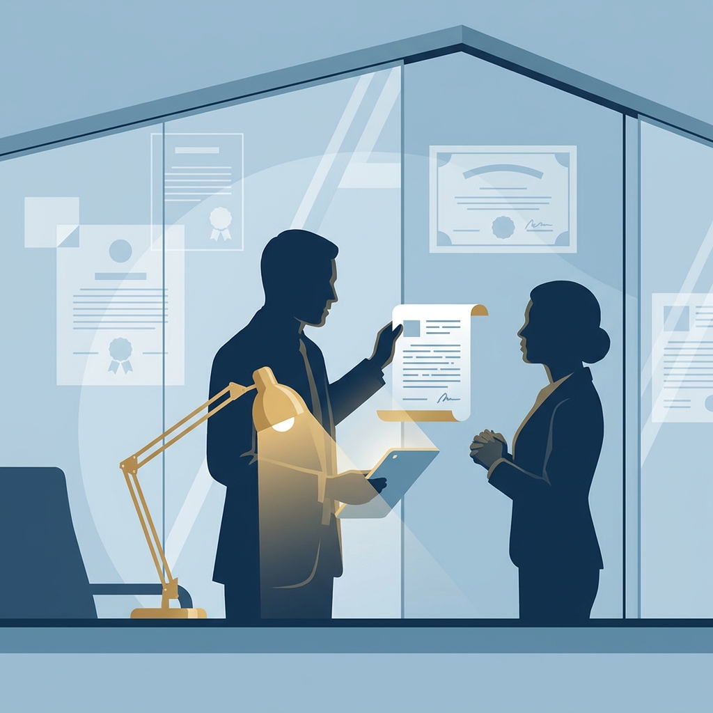 Illustration showing professional hierarchy between hair transplant surgeon and technician roles in a modern clinic setting