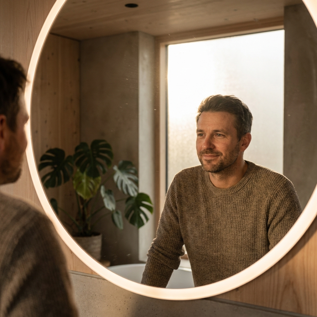 Man examining hair transplant results at 6 months in mirror, looking optimistic about continued growth progress