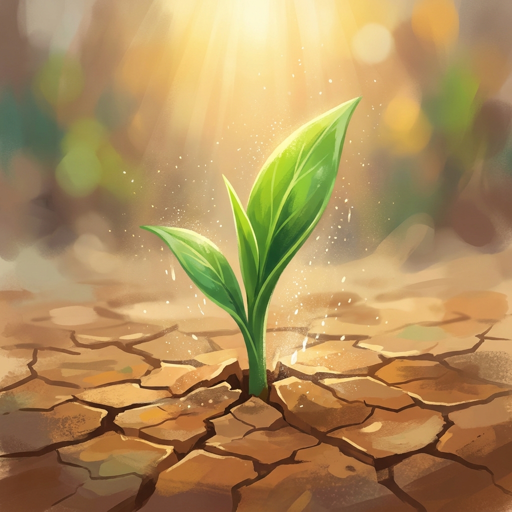 Conceptual illustration of new growth emerging through scarred earth, representing hair transplant restoration for scar tissue on the scalp.