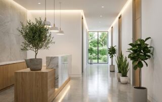 Clean, modern hair transplant clinic facility interior with professional lighting and pristine hallway design