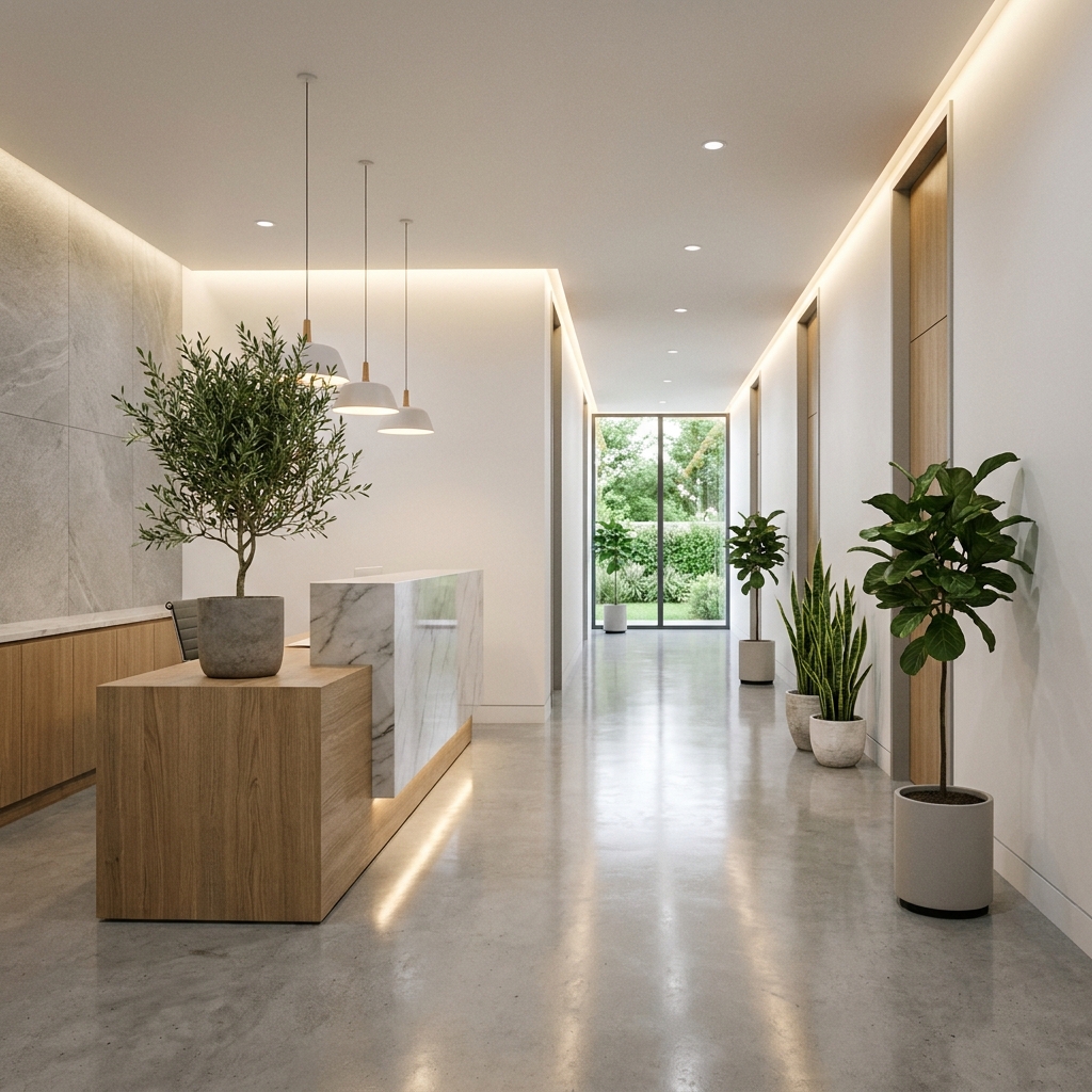 Clean, modern hair transplant clinic facility interior with professional lighting and pristine hallway design