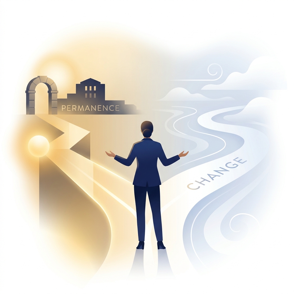 Conceptual illustration representing whether a hair transplant is a permanent solution, showing dual realities of permanence and change
