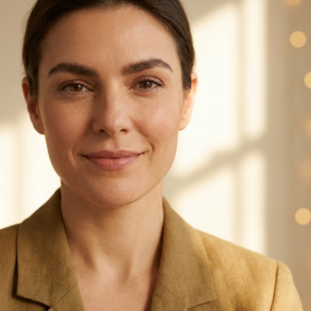 Woman with natural-looking eyebrows showing confident expression, representing eyebrow transplant natural results for women