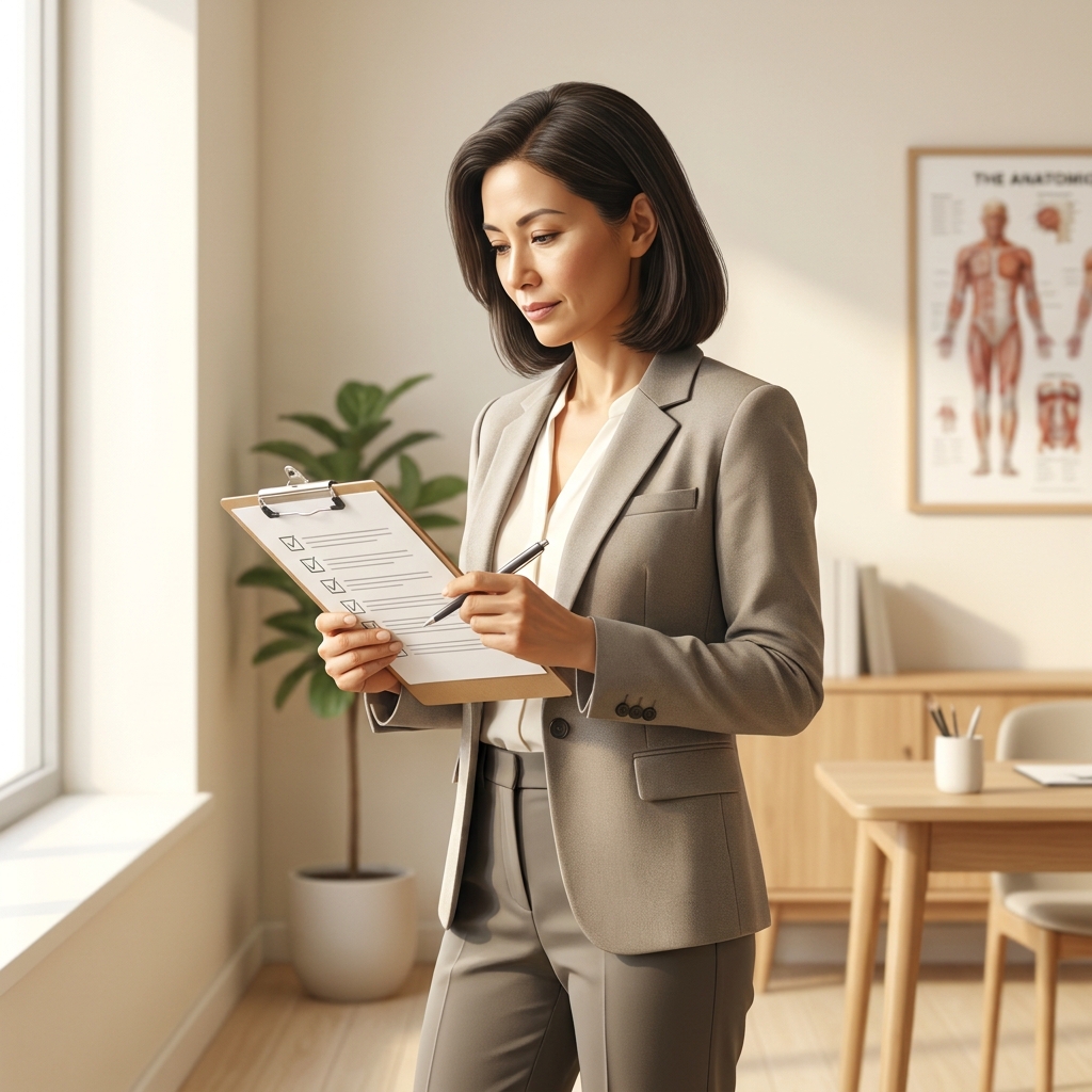 Person reviewing a hair transplant candidacy requirements checklist in a modern medical consultation office