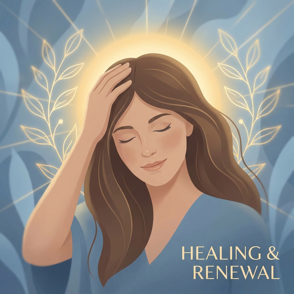 Person calmly touching healthy scalp, representing hair transplant itching healing process management and recovery confidence