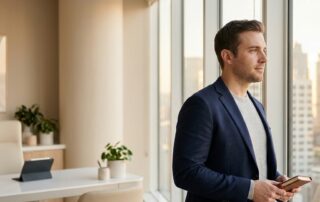 Confident man considering Norwood scale 3 hair transplant options in a modern medical consultation setting