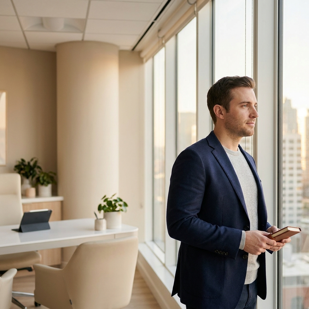 Confident man considering Norwood scale 3 hair transplant options in a modern medical consultation setting