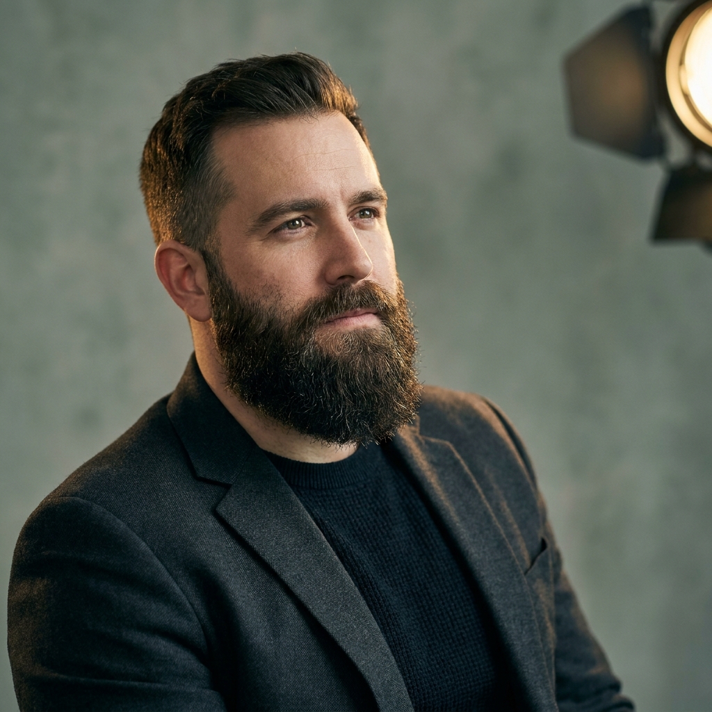 Confident man with a full, natural-looking beard showing realistic beard transplant density results