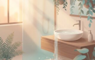 Serene bathroom setting evoking careful post-transplant hair washing care instructions and recovery