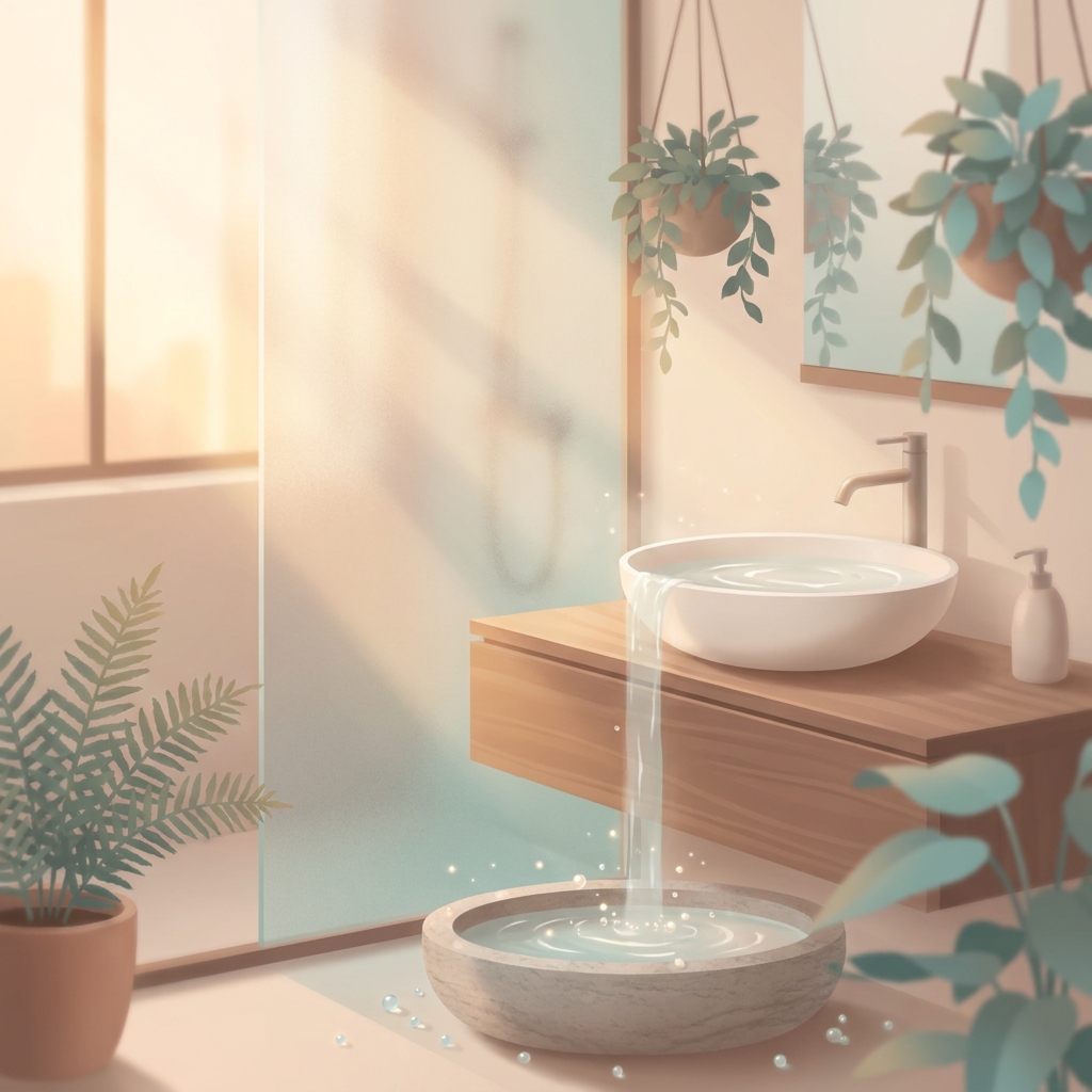 Serene bathroom setting evoking careful post-transplant hair washing care instructions and recovery