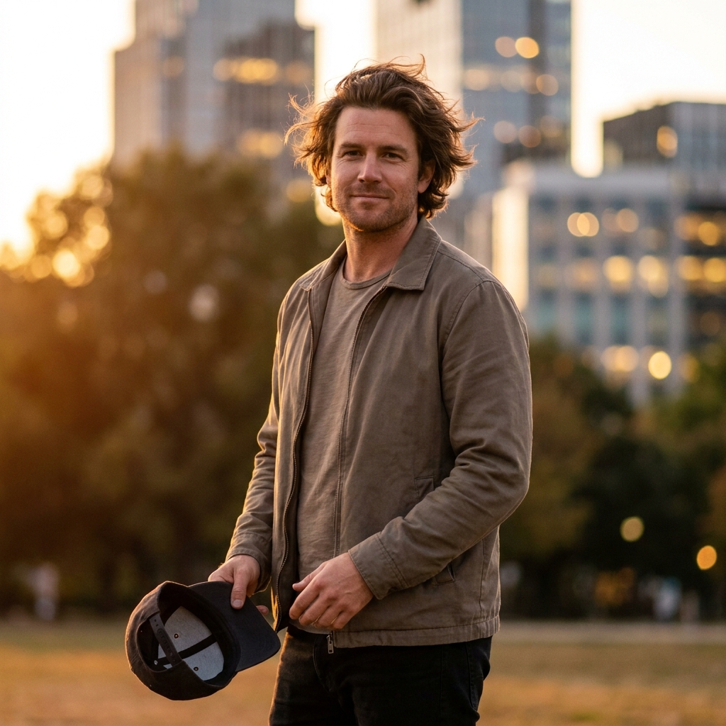 Man confidently holding a hat after hair transplant recovery, with natural full hair in warm sunlight.
