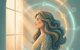 Woman with healthy hair near sunlit window, representing recovery from hair loss after COVID long term effects