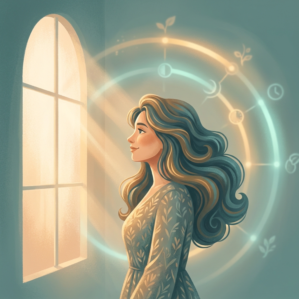 Woman with healthy hair near sunlit window, representing recovery from hair loss after COVID long term effects