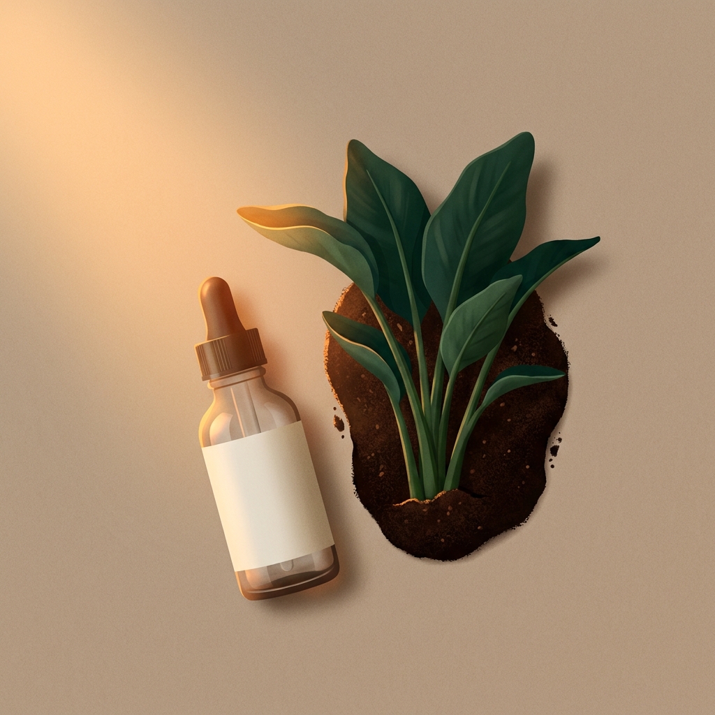 Minoxidil dropper bottle beside thriving green growth, symbolizing hair restoration support after hair transplant