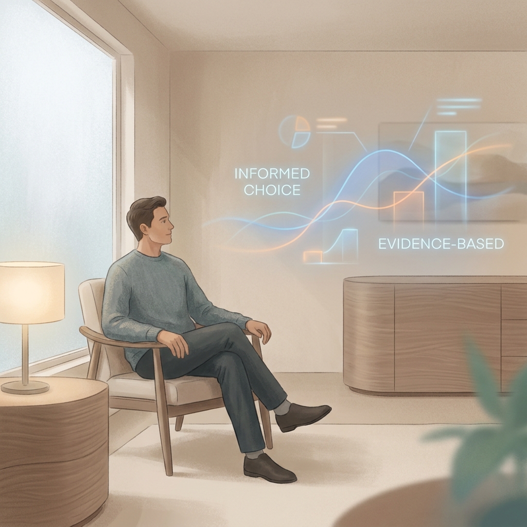 Thoughtful man considering finasteride side effects for men hair loss in a calm clinical consultation setting