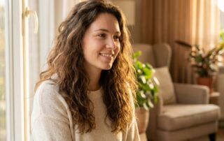 Young mother with healthy, flowing hair looking confident — representing postpartum hair loss treatment and recovery