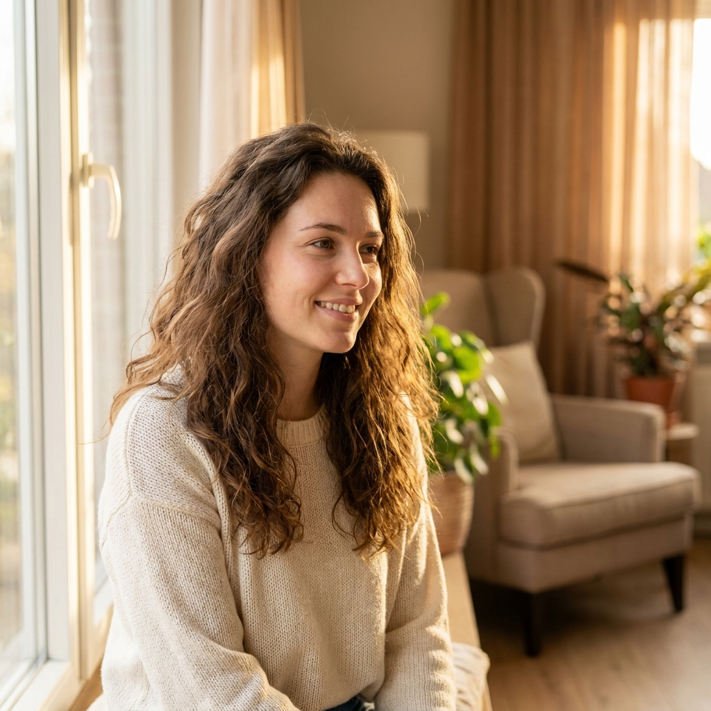 Young mother with healthy, flowing hair looking confident — representing postpartum hair loss treatment and recovery
