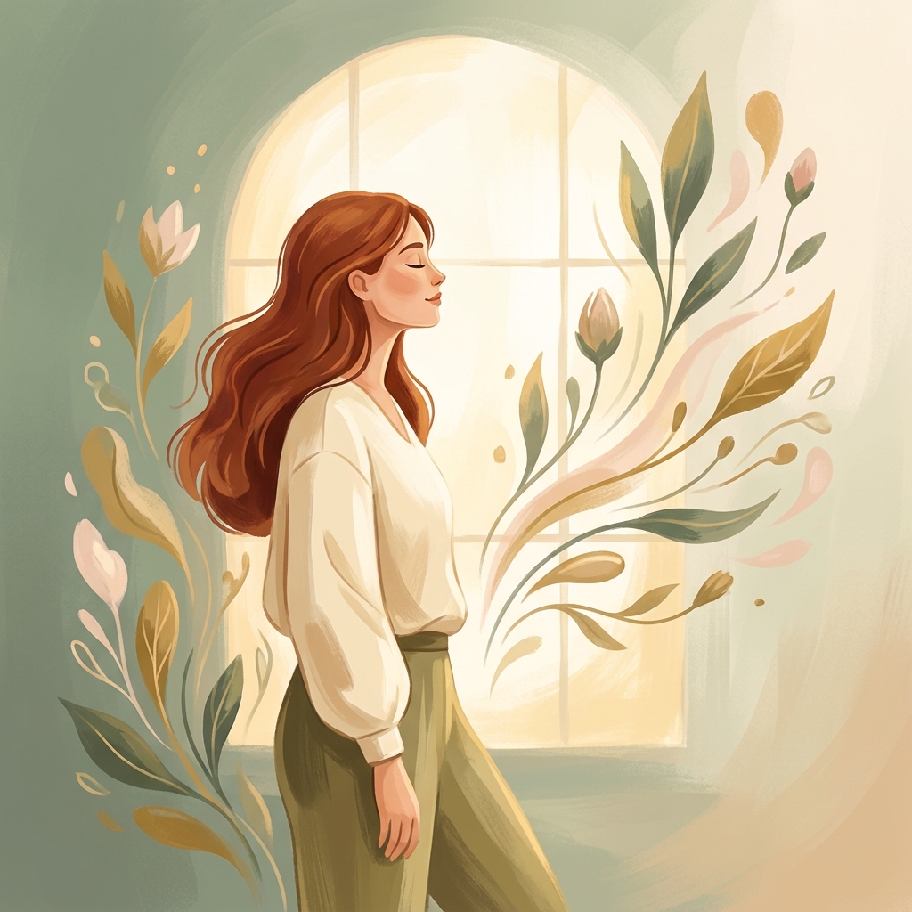 Woman with healthy flowing hair looking serene and confident, symbolizing recovery from hair loss from thyroid disease treatment