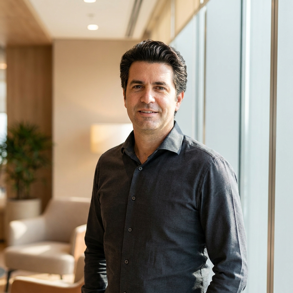 Confident man in his 40s with natural-looking full hair, representing realistic hair transplant expectations for men in their 40s.