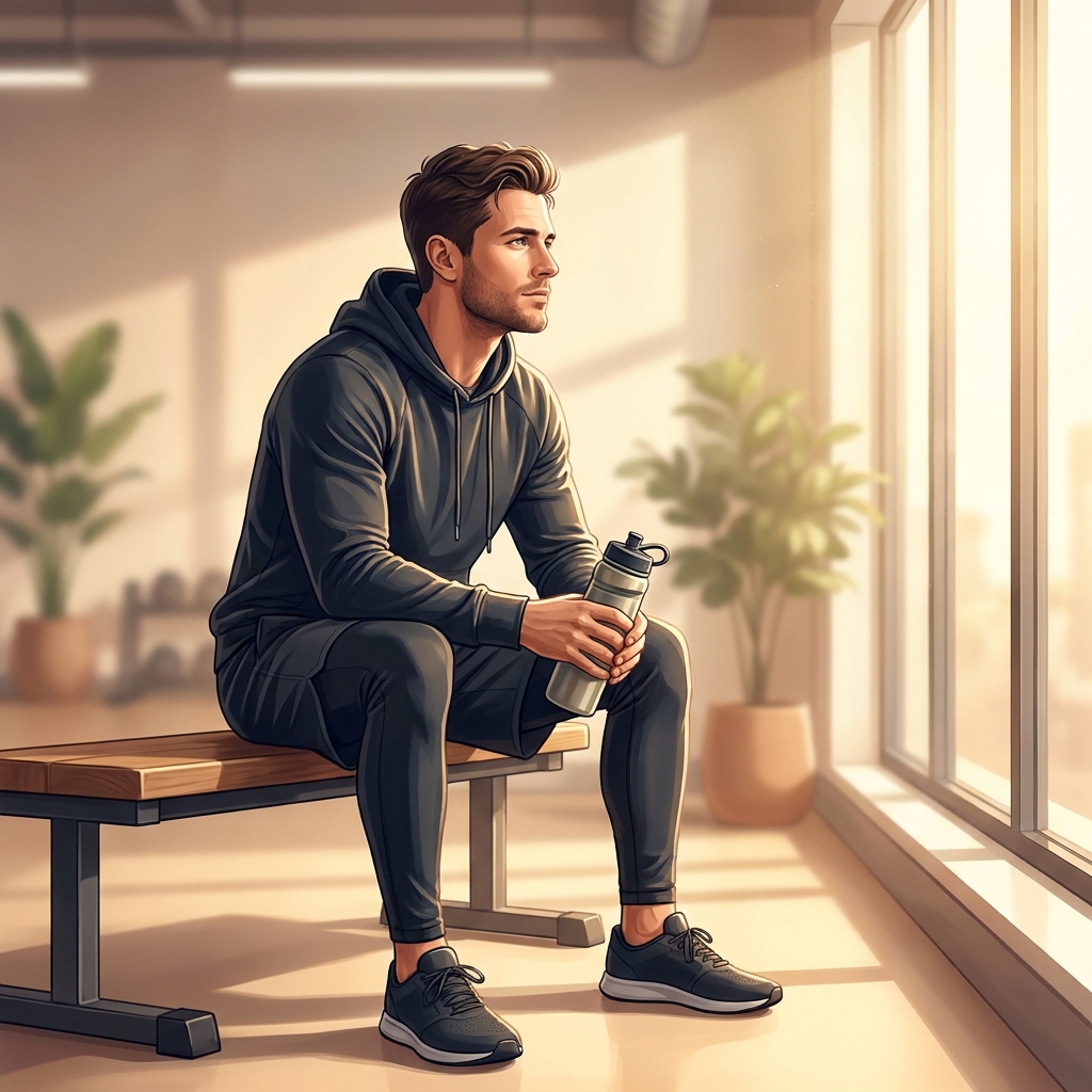 Fit man resting in gym, thoughtfully considering when he can exercise after hair transplant surgery
