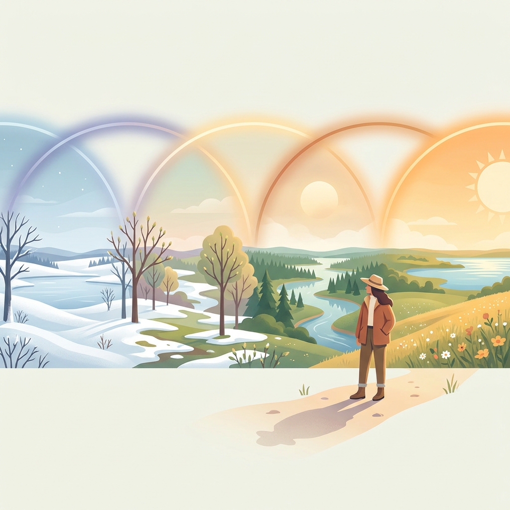 Seasonal UV exposure illustration showing Minnesota climate transitions and hair transplant sun exposure restrictions protection concept.