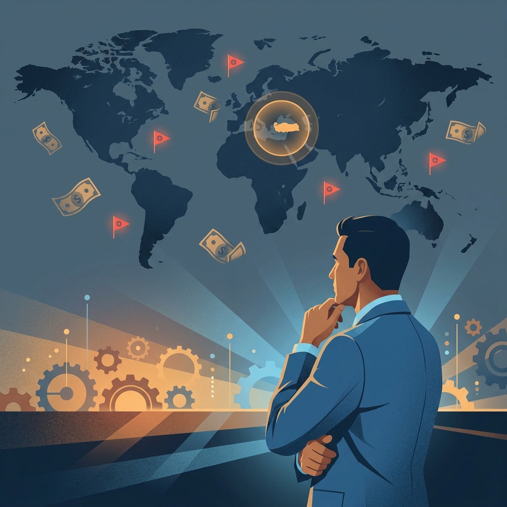 Illustrated man considering hair transplant overseas risks Turkey 2026 with world map and warning symbols in background