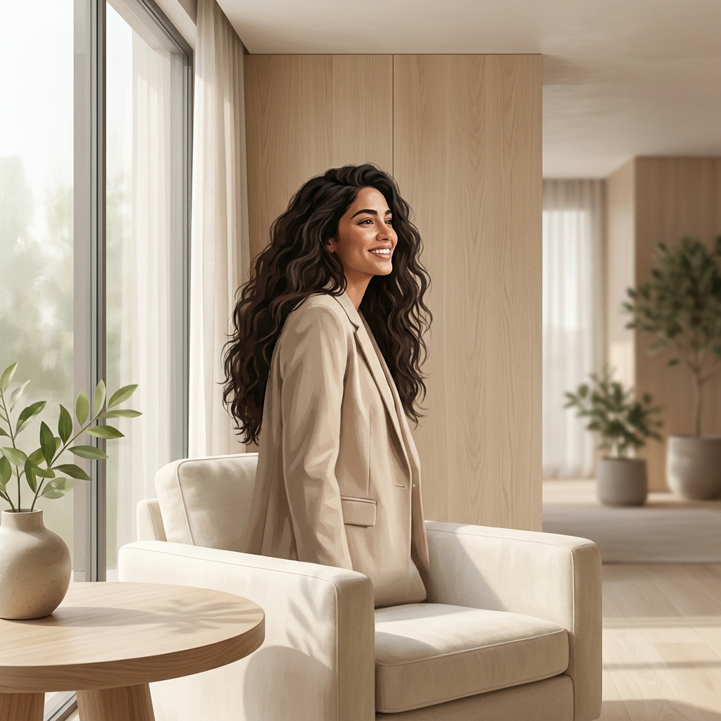 Person with healthy hair in a modern consultation room, representing a PRP hair treatment session journey