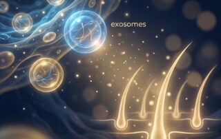 Glowing exosome spheres delivering molecular signals to hair follicles, illustrating how exosome therapy for hair loss works