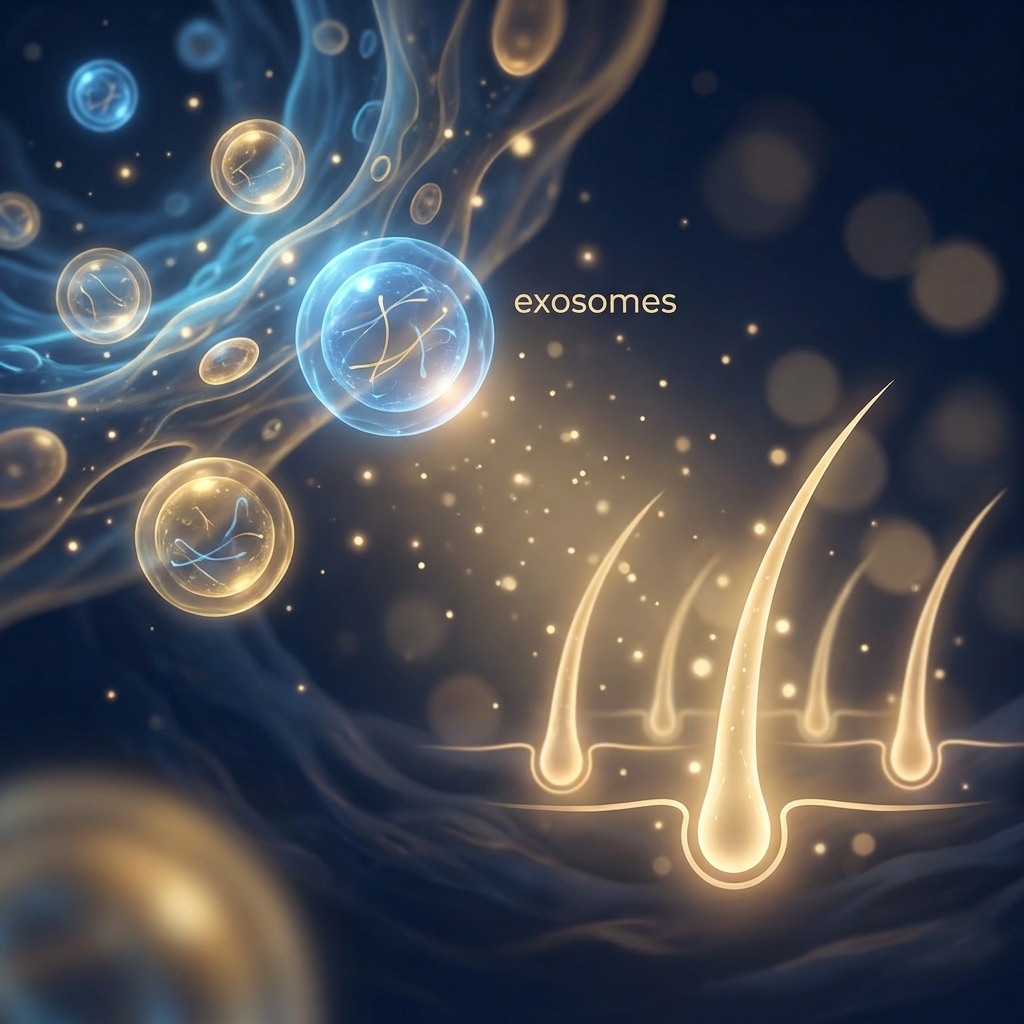 Glowing exosome spheres delivering molecular signals to hair follicles, illustrating how exosome therapy for hair loss works