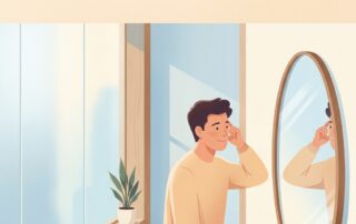 Young man confidently assessing his hairline in mirror, understanding natural hairline recession versus balding difference