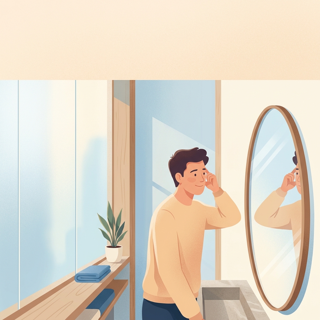 Young man confidently assessing his hairline in mirror, understanding natural hairline recession versus balding difference