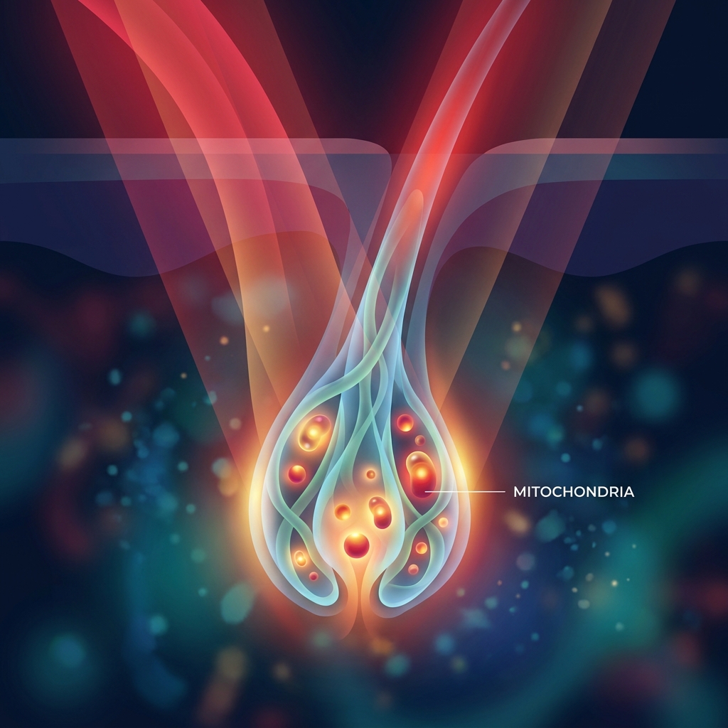 Conceptual illustration of photobiomodulation light therapy stimulating hair follicle cellular energy for hair loss treatment