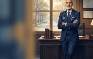 Board-certified hair restoration surgeon on Long Island New York standing confidently in a professional medical office