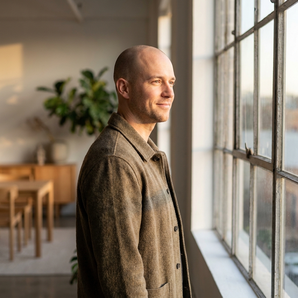 Confident man with shaved head in warm light, representing scalp micropigmentation longevity and lasting results.