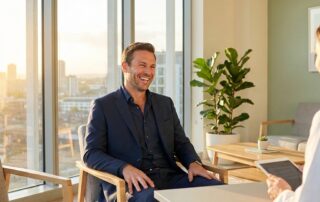 Confident man smiling during a hair restoration consultation at INeedMoreHair.com in a modern office setting