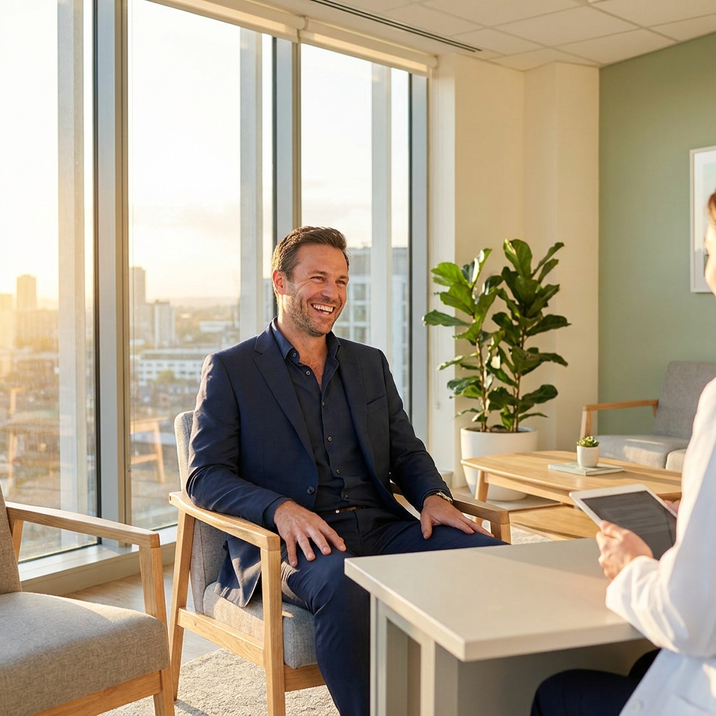 Confident man smiling during a hair restoration consultation at INeedMoreHair.com in a modern office setting
