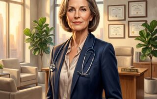 Confident female hair transplant surgeon in a modern Minnesota medical office, representing Dr. Sharon Keene's decades of expertise.