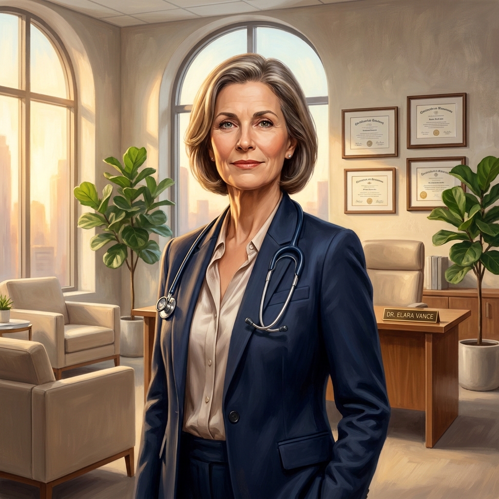 Confident female hair transplant surgeon in a modern Minnesota medical office, representing Dr. Sharon Keene's decades of expertise.