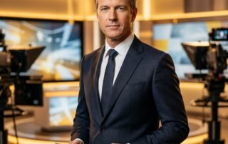 Confident TV news anchor with natural-looking hair under studio broadcast lighting, representing hair transplant results for media personalities
