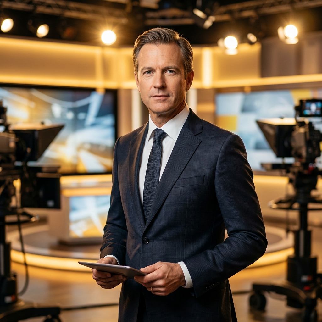Confident TV news anchor with natural-looking hair under studio broadcast lighting, representing hair transplant results for media personalities