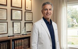 Hair transplant surgeon Dr. Roy Stoller Long Island in a professional medical office surrounded by credentials and awards