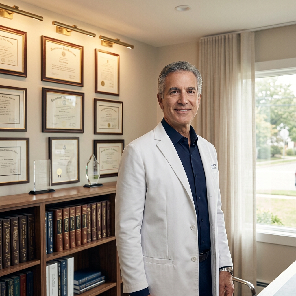 Hair transplant surgeon Dr. Roy Stoller Long Island in a professional medical office surrounded by credentials and awards