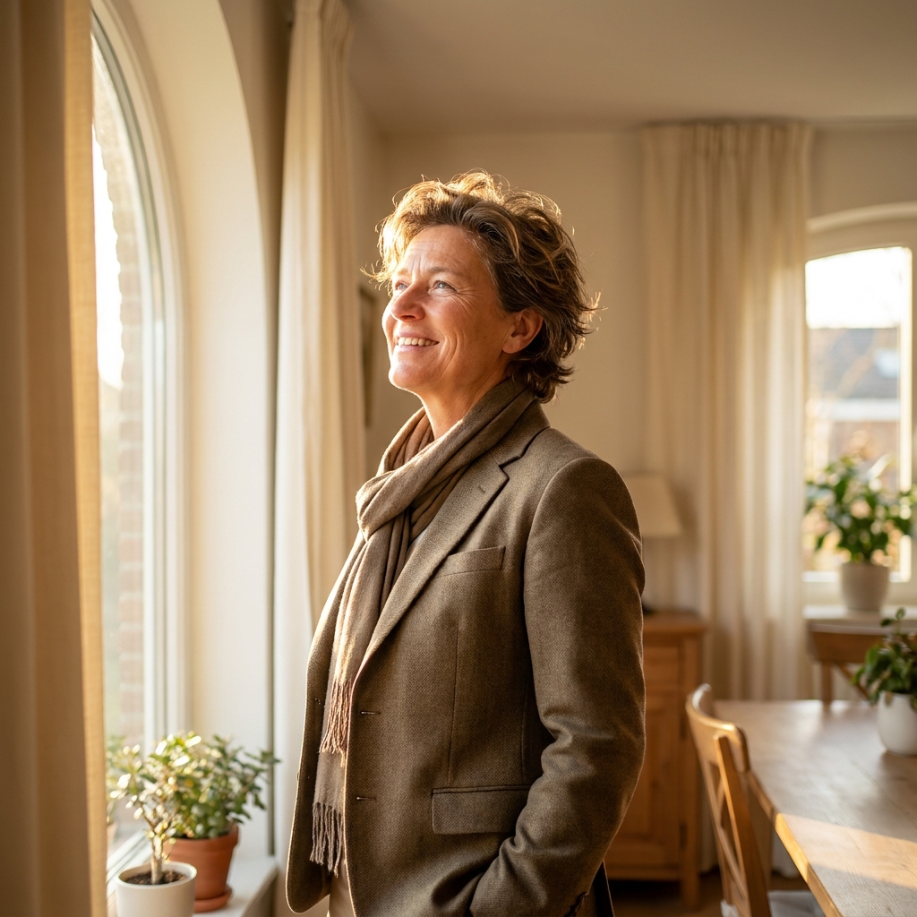 Person radiating confidence and self-assurance in warm golden light, representing hair restoration confidence psychological benefits