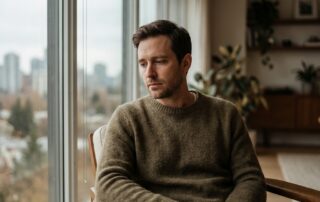 Man reflecting quietly by window, representing hair loss self-esteem research statistics and the silent psychological toll on men