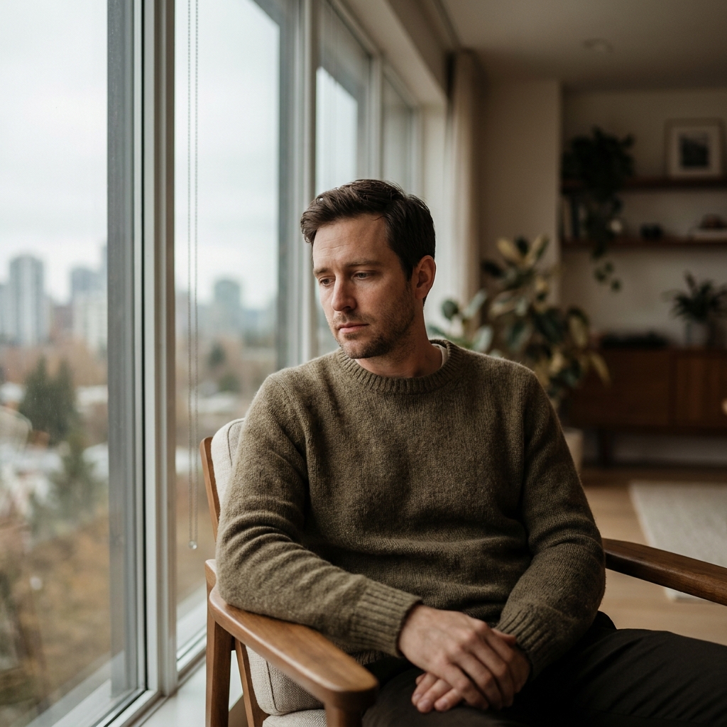 Man reflecting quietly by window, representing hair loss self-esteem research statistics and the silent psychological toll on men